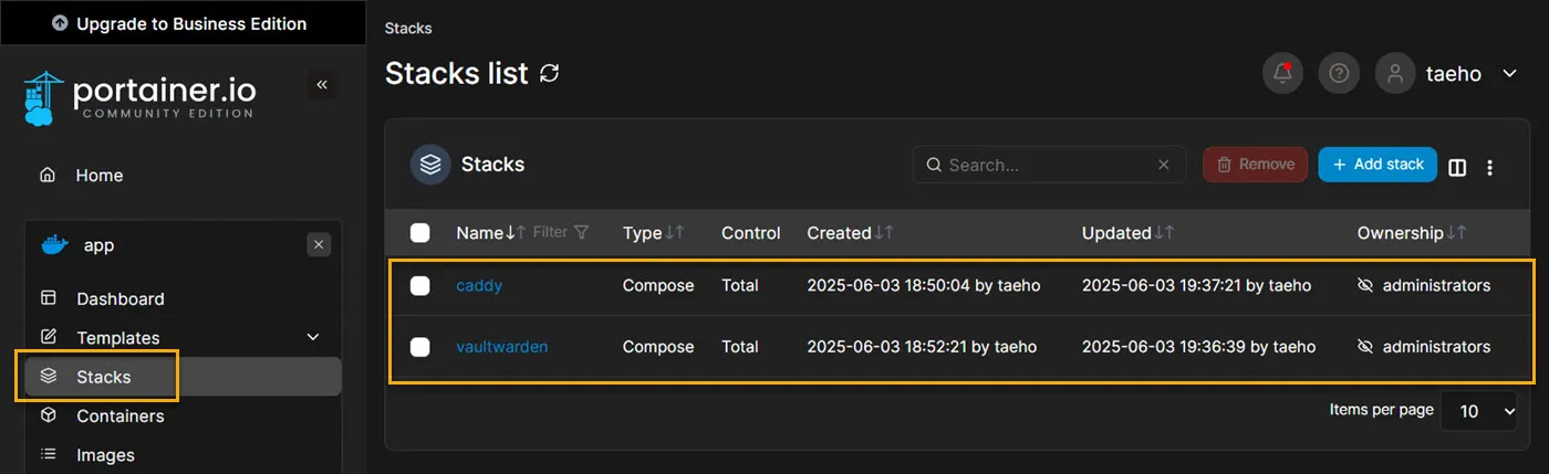 Portainer stack list