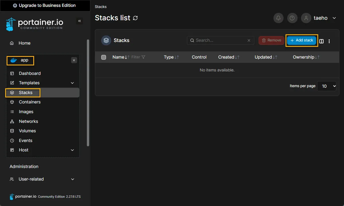 포테이너에서 스택 생성