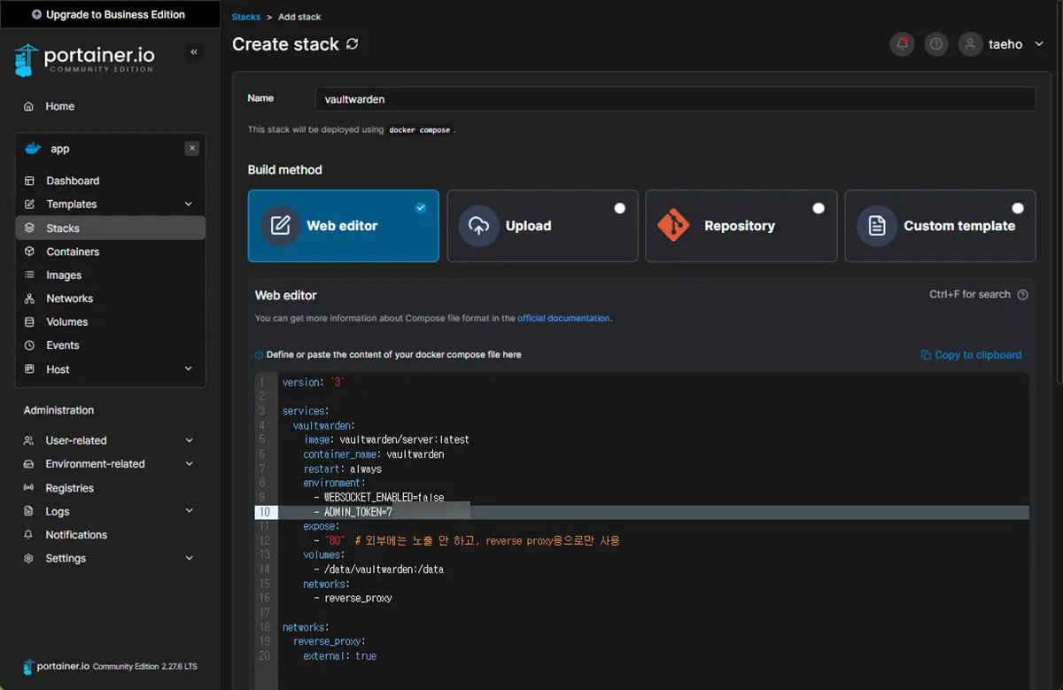 포테이너에서 vaultwarden 컨테이너 생성을 위한 yaml 입력