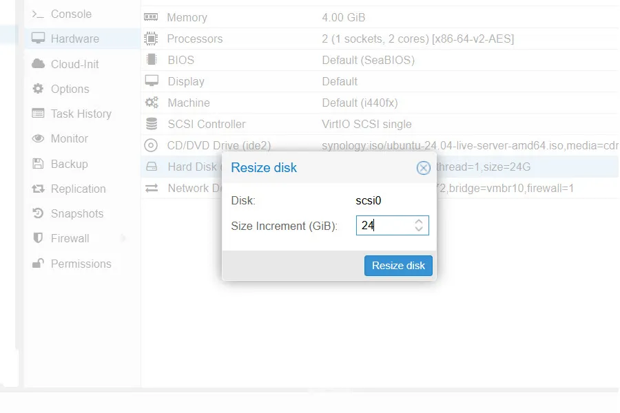 Proxmox vm disk 확장할 용량 입력