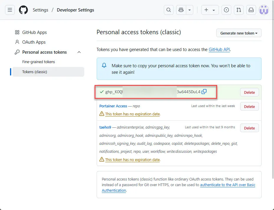 생성된 Github PAT 토큰