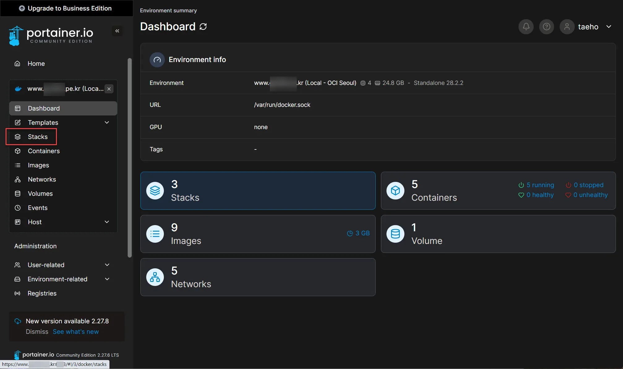 Portainer의 Stacks 메뉴