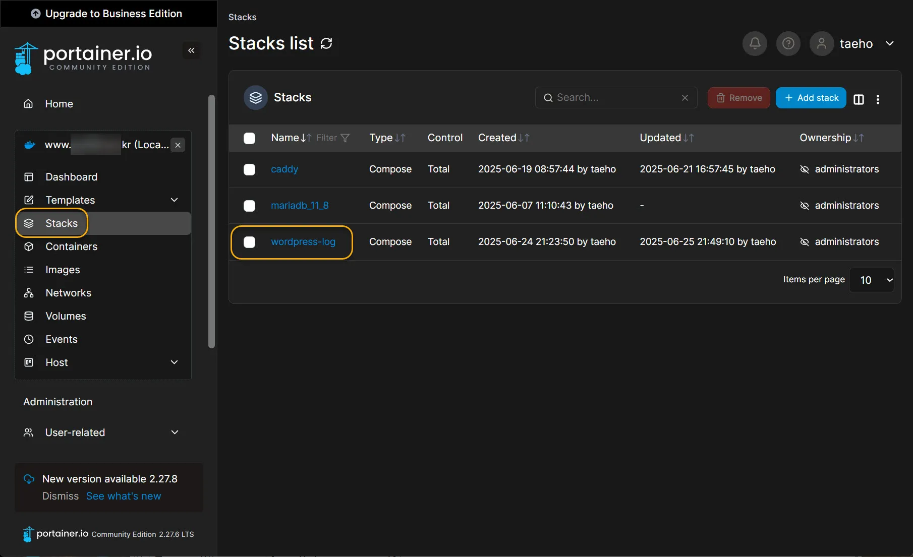 Portainer의 Stack 목록