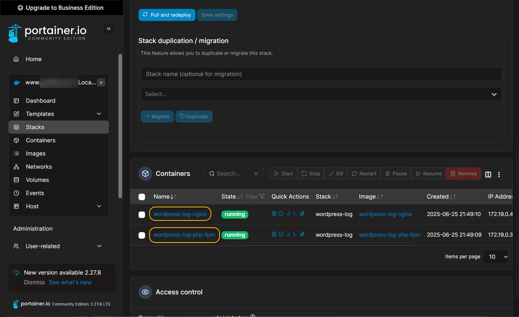 Stack에 포함된 nginx와 php-fpm 컨테이너