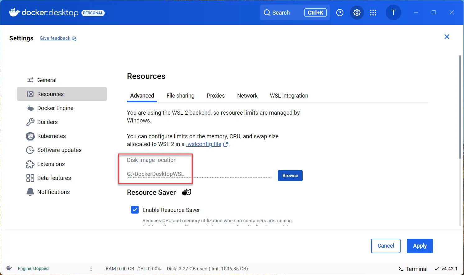 Docker desktop disk image 경로 및 이동하기