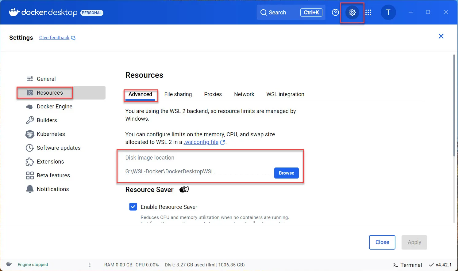 Docker desktop disk image 경로 및 이동하기
