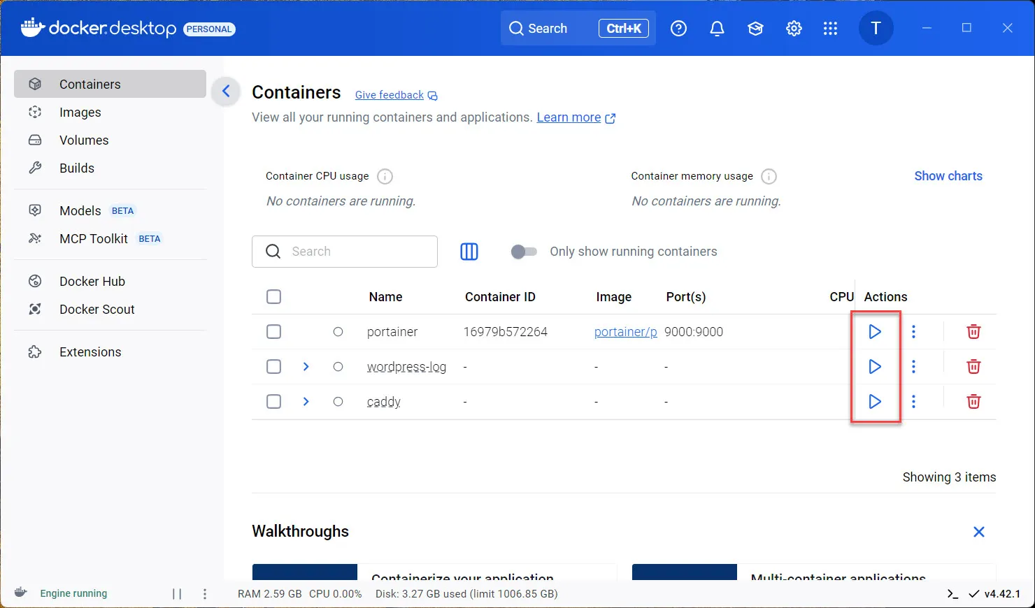 Docker Desktop에서 컨테이너 중지