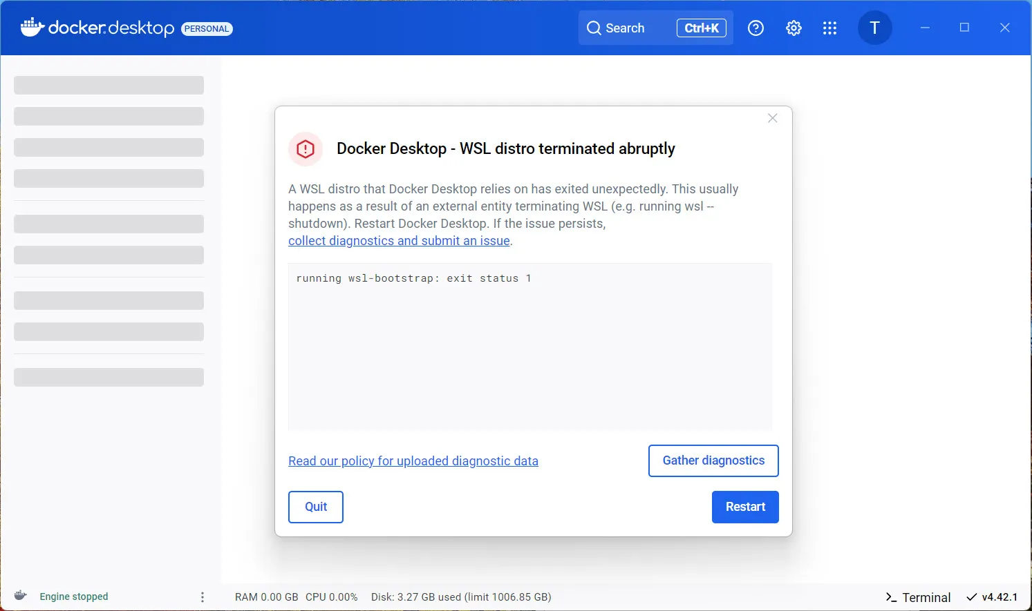 도커 데스크탑이 중지된 화면