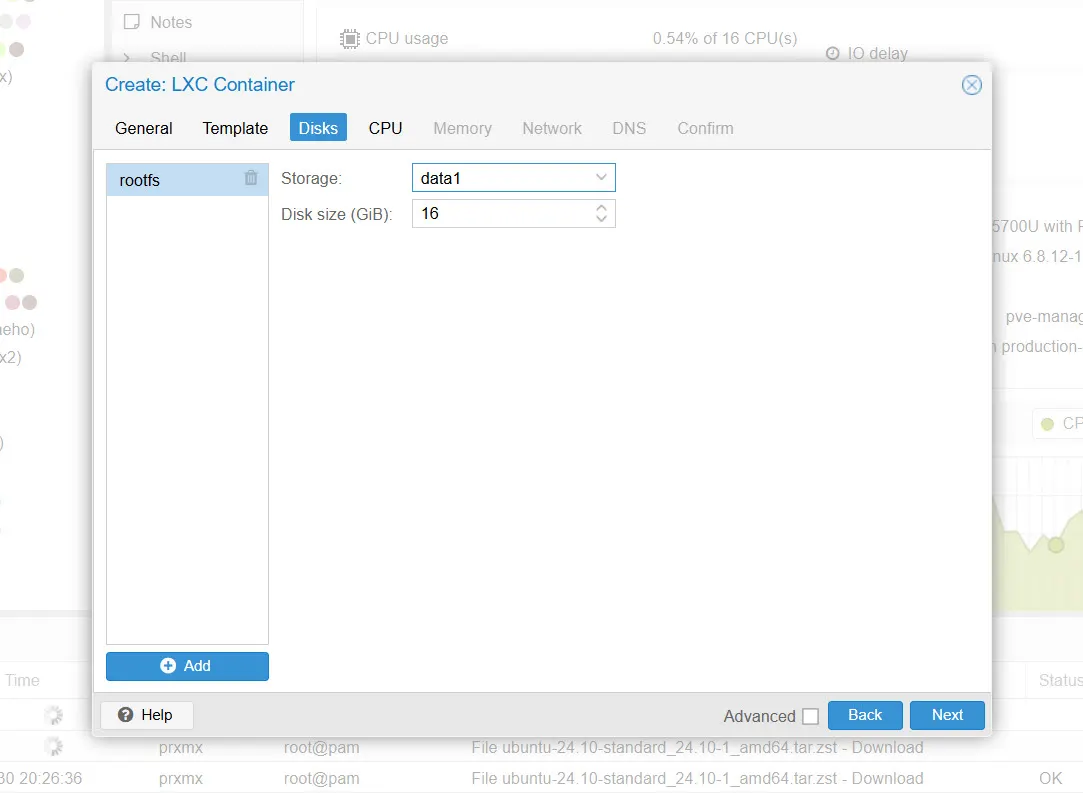 LXC 컨테이너의 디스크 선택