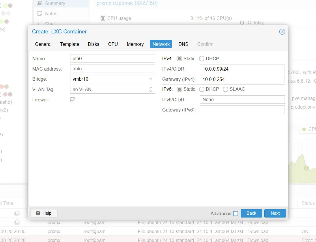 새 리눅스 컨테이너(LXC)에 Network 설정