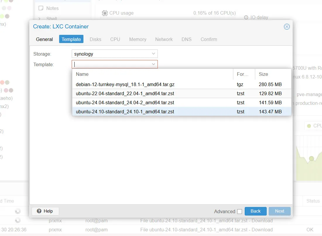 LXC Create - 템플릿 이미지 선택