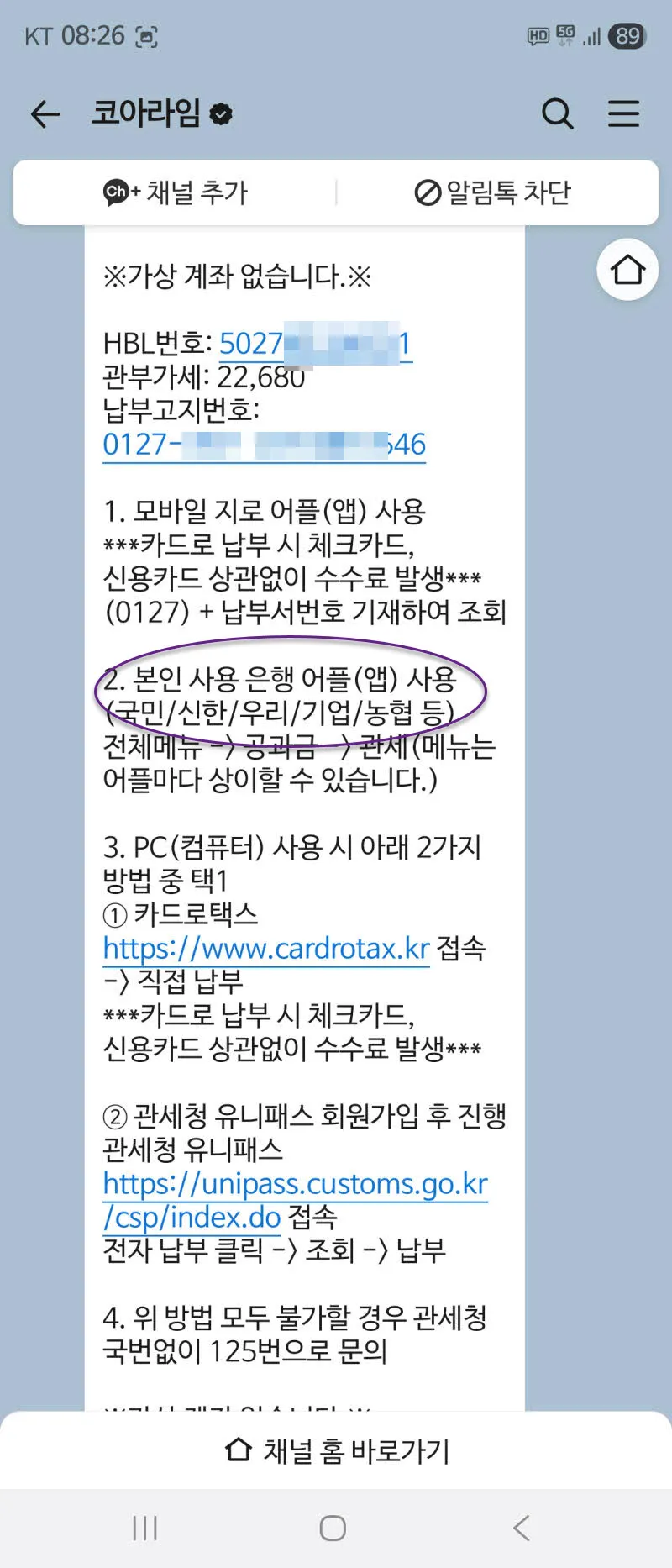 카카오톡으로 날아온 직구 관세 납부 요청