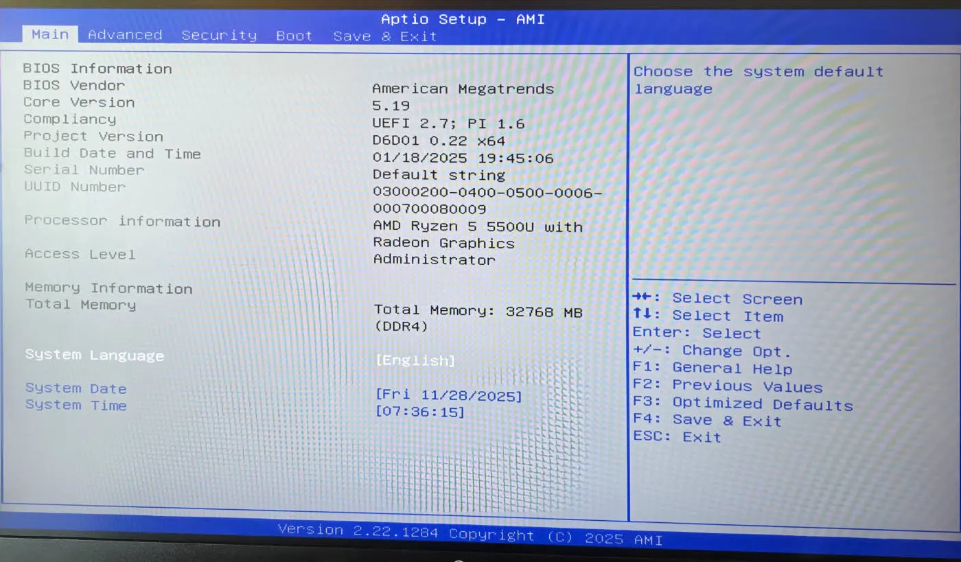Aptio Setup - AMI Bios - Main