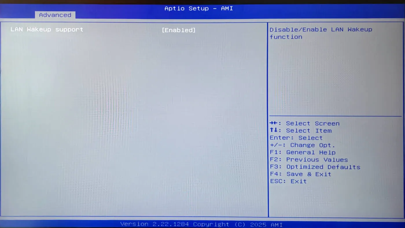 Aptio Setup - AMI Bios - Wake on Lan Option