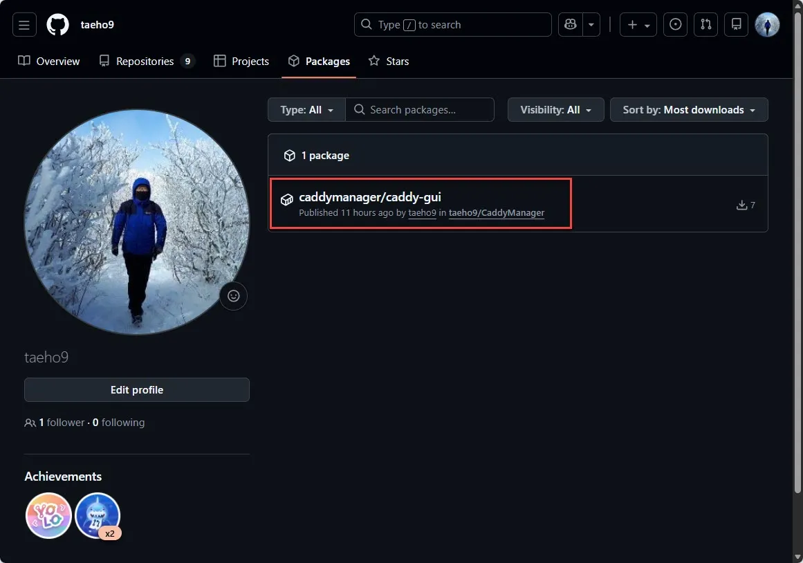 Github registry에 Push된 CaddyManager package (컨테이너 이미지)
