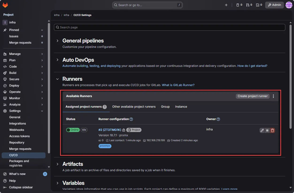 프로젝트에 등록된 GitLab 러너