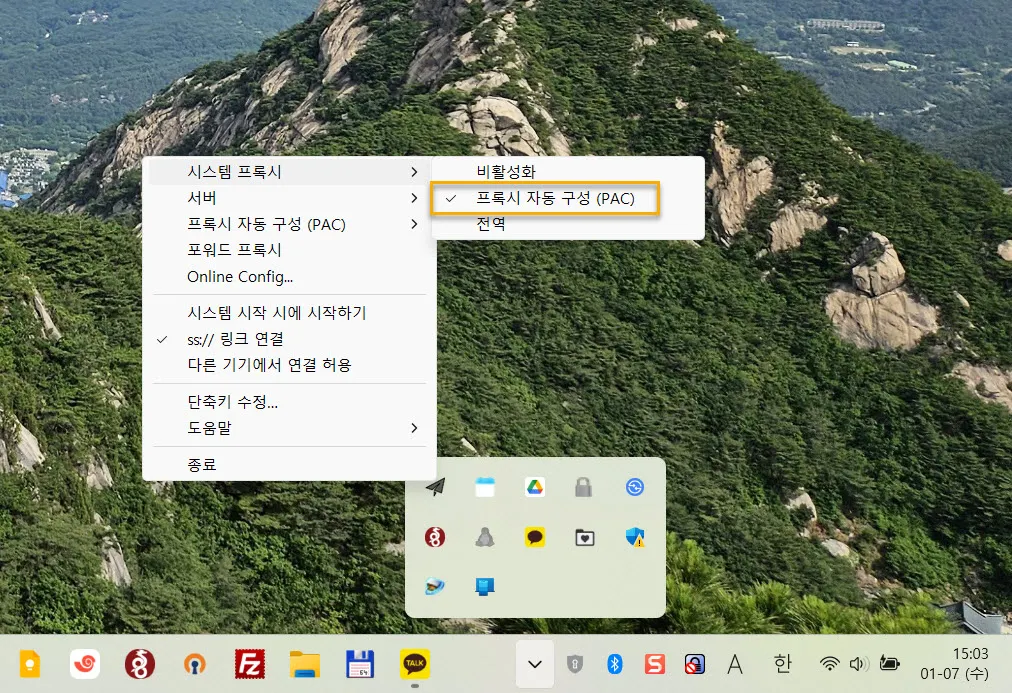 시스템 프록시 - 프록시 자동 구성 (PAC)