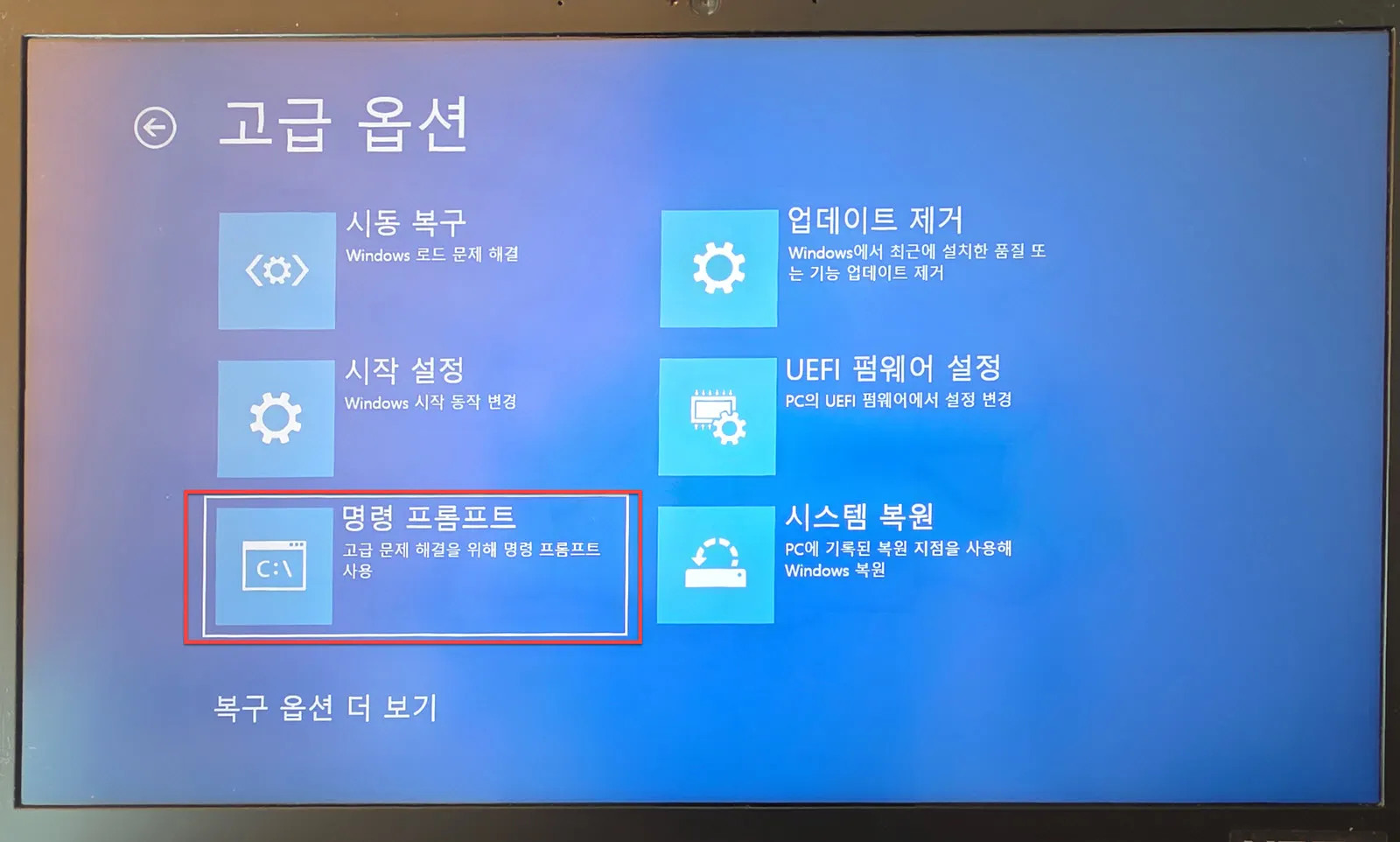 고급 옵션 화면에 보이는 "명령 프롬프트" 메뉴
