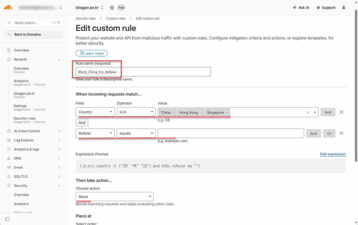 Cloudflare custom security rule