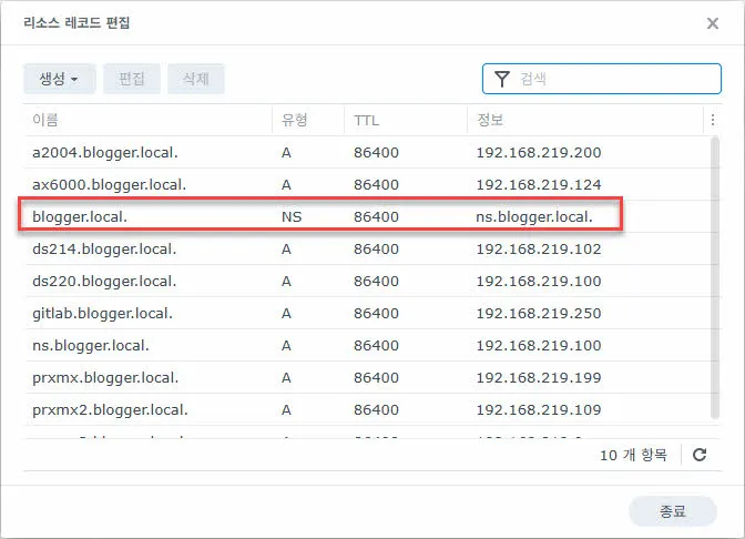 등록된 정방향 A 레코드 목록