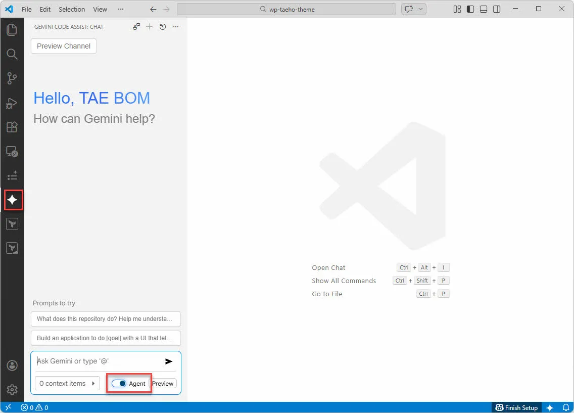VSCode에 Gemini Code Assist를 설치하고 Agent 모드를 켠 화면