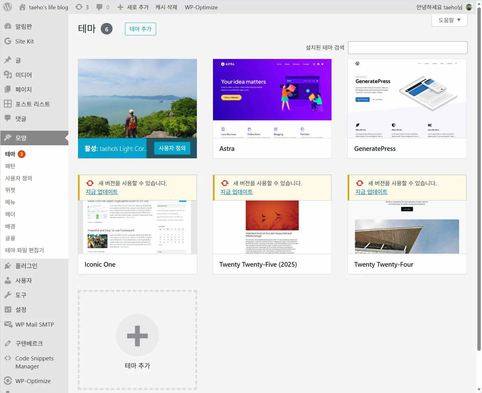 워드프레스의 테마 설치 화면