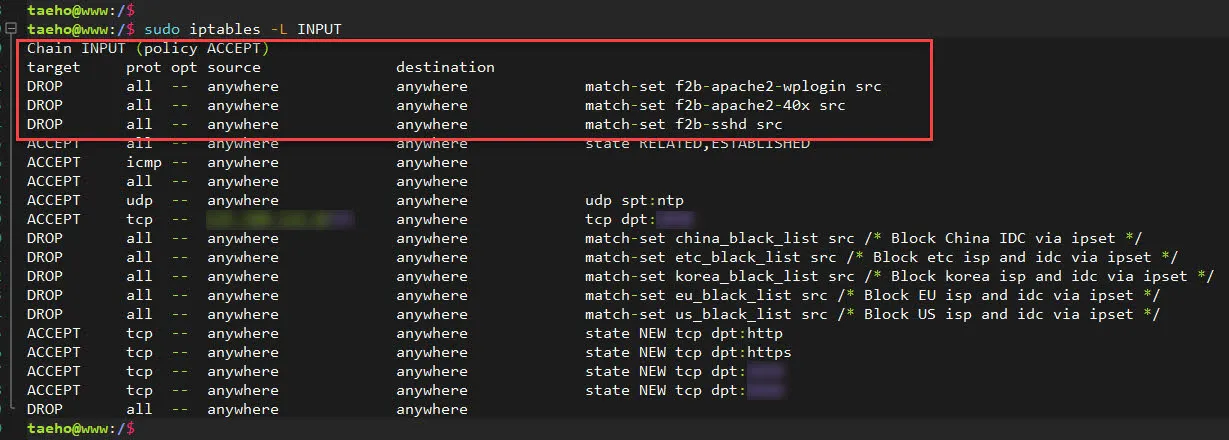 fail2ban 서비스 시작 시 action에 의해 생성된 Drop 정책