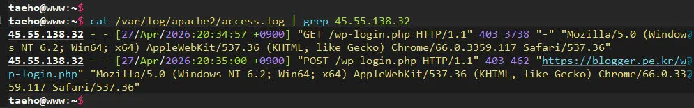 wp-login 시도로 발생한 access log